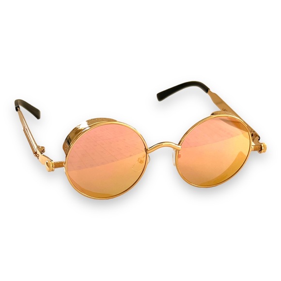 Unisex Round Steampunk Retro Frame Polarized Sunglasses Pink Lens UV400 - Picture 8 of 13